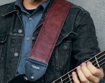 Paisley Extra Wide Guitar Strap, Oxblood Dark Red Vegan Leather Padded Extra Wide Bass Strap