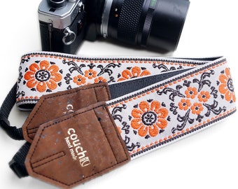 Cork And Orange Flowers Camera Strap, Made of Vintage 70s Fabric, Recycled Seatbelt and Vegan Cork Leather