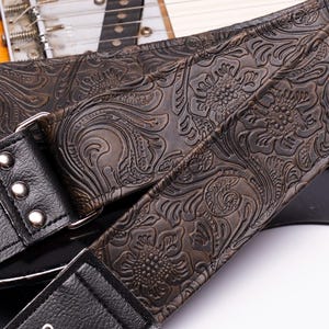 Brown Western Guitar Strap - Hand Tooled Look, Made in USA, Vegan