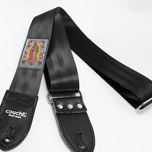 Mary Guadalupe Seat Belt Guitar Strap Vegan Eco Friendly Guitar Strap Black or Maroon image 1