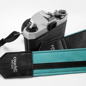 Aqua Mint Camera Strap- With Black Racing Stripe, Surf Green, Turquoise, Vegan
