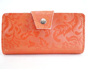 Coral and Mint Floral Victorian Womens Checkbook Wallet, Made Of Vintage Orange Vegan Vinyl, Zip Coin Pouch, Holds Phone