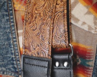 Light Brown Western Guitar Strap, Hand Tooled Look Highest Quality Embossed Vegan Leather Guitar Straps