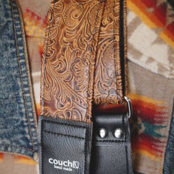 Light Brown Western Guitar Strap, Hand Tooled Look Highest Quality Embossed Vegan Leather Guitar Straps