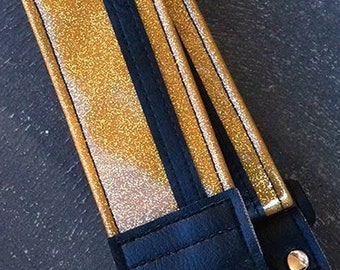 Gold Sparkle Racing Stripe Guitar Strap, Black or White Stripe, Vegan, Built To Rock