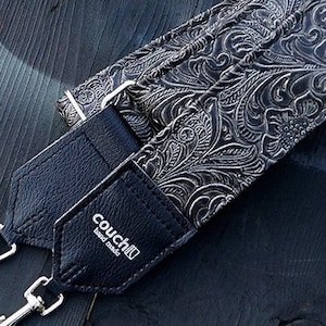 Graphite Western Banjo Strap- Made of  Tanned Black Hand Tooled Vegan Leather- USA Made Banjo Straps