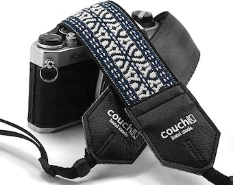The Midnight Blue & White Hippie Weave Camera Strap- Boho Woven Navy And Black