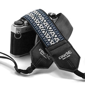 The Midnight Blue & White Hippie Weave Camera Strap- Boho Woven Navy And Black