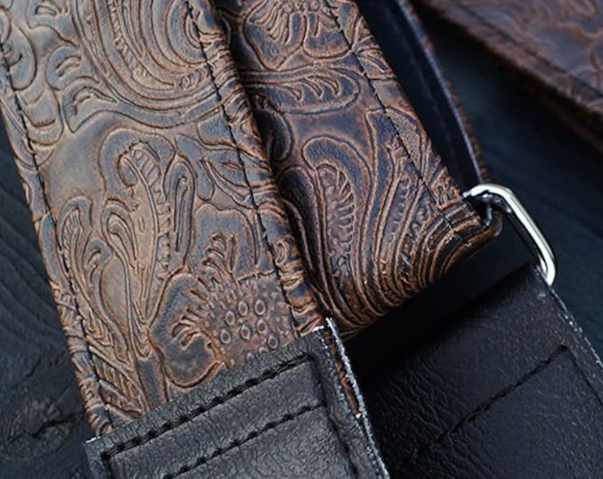 Espresso Brown Western Banjo Strap - Embossed Vegan Leather