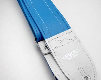 Runway Blue Guitar Strap - Bright Blue Vegan Leather, White Ends, Made In USA