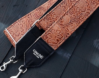 Western Banjo Strap - Made of Light Brown Embossed Hand Tooled Vegan Leather Vinyl