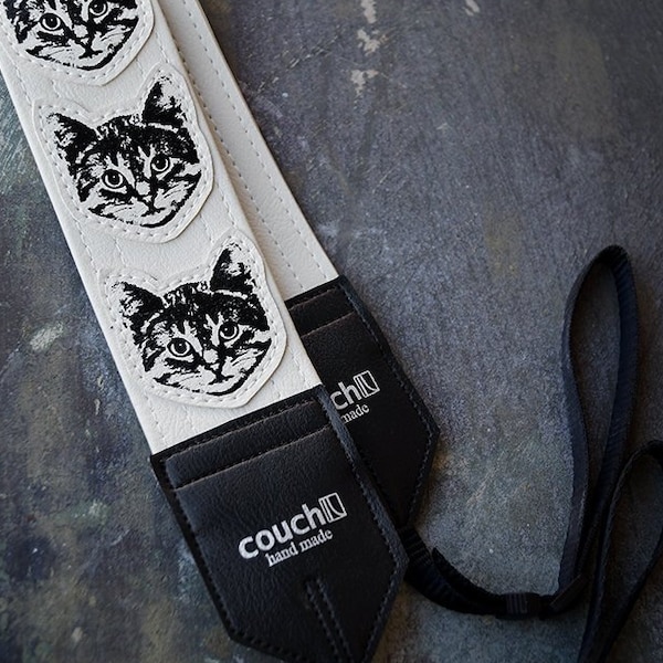 White Cat Camera Strap – Vegan Vinyl, Hand Silk-Screened