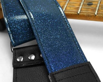 Blue Sparkle Metal Flake Vintage Style Guitar Strap, 60s Biker Style, Vegan Leather, Made In USA