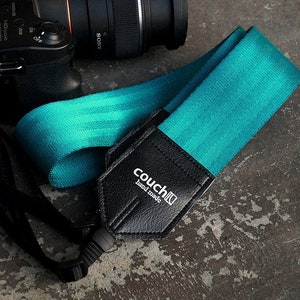 Recycled Teal Seatbelt Camera Shoulder Strap - Turquoise Camera Strap, Vegan, Made in USA