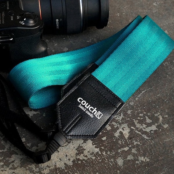 Recycled Teal Seatbelt Camera Shoulder Strap - Turquoise Camera Strap, Vegan, Made in USA