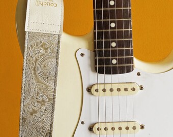 Ivory Paisley Guitar Strap, Made in USA of Off White Vegan Leather and Custom Bronze Hardware