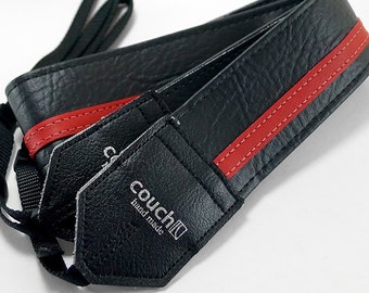 Black and Red Racing Stripe Camera Strap - Vegan Made Upcycled Guitar Strap Pieces