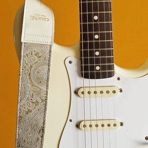 Ivory Paisley Guitar Strap, Made in USA of Off White Vegan Leather and Custom Bronze Hardware