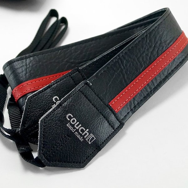 Black and Red Racing Stripe Camera Strap - Vegan Made Upcycled Guitar Strap Pieces