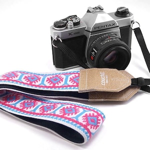 Imagining Sun Camera Strap - Pink & Sky- Made of Vintage Hippie Weave Fabric