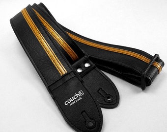 Black With Gold Racing Stripe Guitar Strap Hand Made of Vegan Auto Upholstery Vinyl