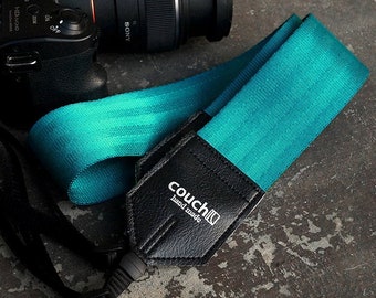 Recycled Teal Seatbelt Camera Shoulder Strap - Turquoise Camera Strap, Vegan, Made in USA