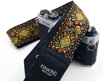 Boho Camera Strap- Psychedelic Sunset Hendricks Hippie Weave, Jacquard Woven Orange And Yellow