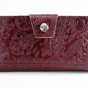 Paisley Oxblood Womens Long Wallet, Embossed Vegan Leather, Holds Checkbook, Change, Phone, Handmade In USA image 1