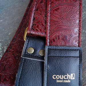 Paisley Oxblood Guitar Strap With Custom Bronze Hardware- Made In USA With Boutique Dark Red Maroon Vegan Leather