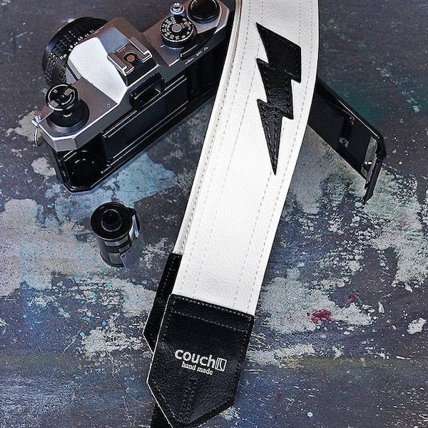 Lightning Bolt Camera Strap - Vinilo blanco - Vegano y reciclado