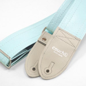 Vintage Sky Cadillac Guitar Strap- made of 40 Year Old Aqua Bright Light Blue Cadillac Hardtop Vegan Leather Vinyl, Repurposed