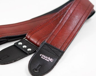 Dark Red Luggage Stitch Guitar Strap, Deep Grained Texture, Maroon Brick Oxblood Vegan Leather, Made In USA