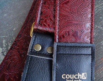 Paisley Oxblood Guitar Strap With Custom Bronze Hardware- Made In USA With Boutique Dark Red Maroon Vegan Leather