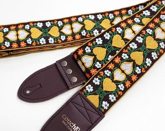 Wonderland Hearts 70s Guitar Strap, Vintage Weave, Bronze Hardware, Cork Vegan Leather Ends, Recycled Seatbelt Backing