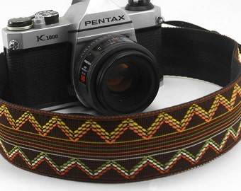 Vintage Western Desert Boho Camera Strap- Woven Native American Pattern Sewn Onto Seatbelt