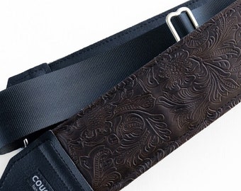 Extra Wide Western Guitar Strap, Hand Tooled Vegan Leather Padded Bass Strap, Brown and Black