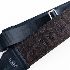 Extra Wide Western Guitar Strap, Hand Tooled Vegan Leather Padded Bass Strap, Brown and Black