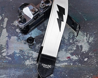 Lightning Bolt Camera Strap - White Vinyl - Vegan and Upcycled