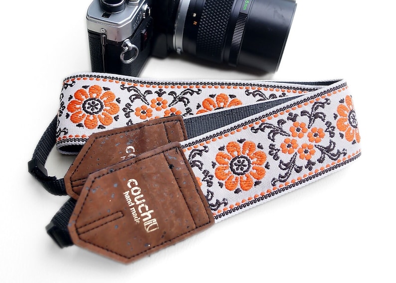 Cork And Orange Flowers Camera Strap, Made of Vintage 70s Fabric, Recycled Seatbelt and Vegan Cork Leather 