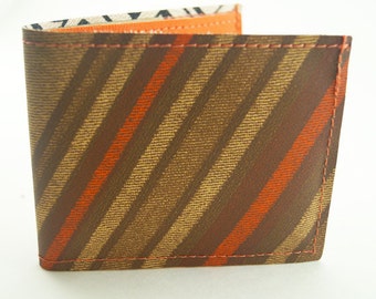 Upcycled 1978 Chrysler Auto Interior Billfold Wallet - Super Slim and Strong Vegan Striped Vegan Leather, Orange, Linen, Brown, Minimalist