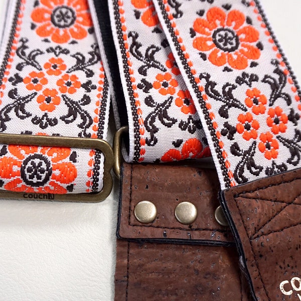 70s Cork and Orange Flowers Hippie Weave Guitar Strap, Vegan Leather, Brown White Orange, Handmade