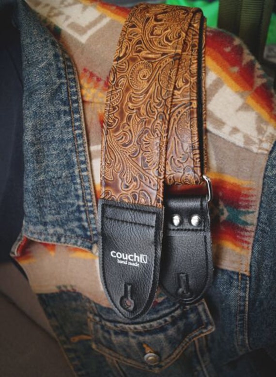 Light Brown Western Guitar Strap, Hand Tooled Look Highest Quality Embossed  Vegan Leather Guitar Straps 