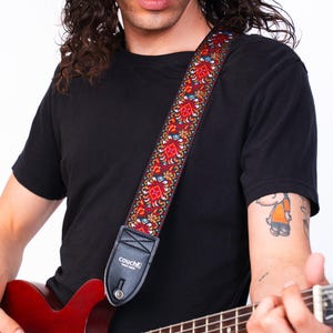 Classic Hippie Hendricks Weave Guitar Strap - Jacquard Woven Guitar Strap Red Beige and Blue