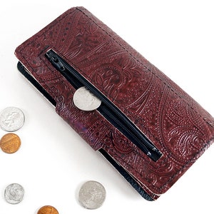 Paisley Oxblood Womens Long Wallet, Embossed Vegan Leather, Holds Checkbook, Change, Phone, Handmade In USA image 3