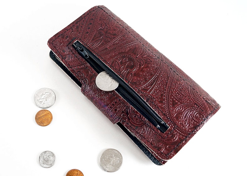 Paisley Oxblood Womens Long Wallet, Embossed Vegan Leather, Holds Checkbook, Change, Phone, Handmade In USA image 3