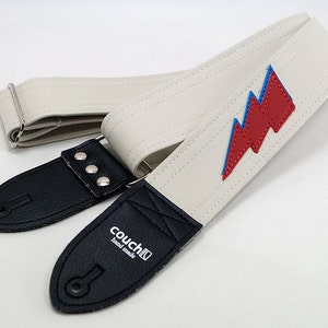 Aladdin Sane Guitar Strap, Hand Made With Blue and Red Lightning Bolts and White Vegan Leather  Built to Rock