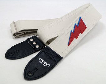 Aladdin Sane Guitar Strap, Hand Made With Blue and Red Lightning Bolts and White Vegan Leather  Built to Rock