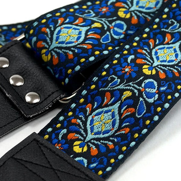 Electric Blue Woven Hippie Guitar Strap, Boho, Hand Made, Vegan