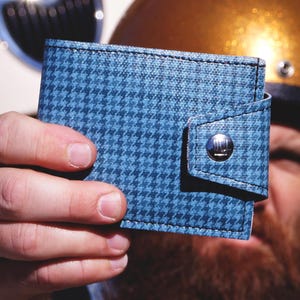 Vintage GTO Billfold Wallet - Made from 1960s Pontiac Blue Plaid Houndstooth Vinyl - Classic Look - Vegan
