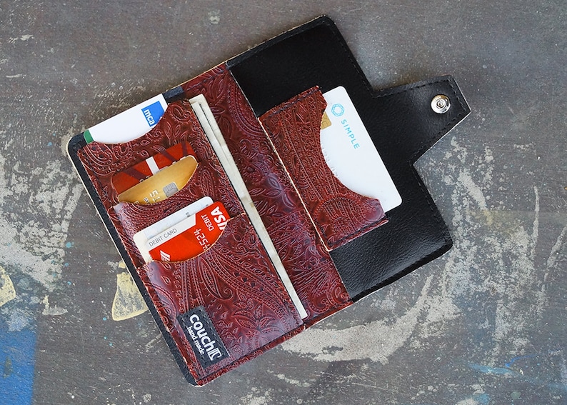 Paisley Oxblood Womens Long Wallet, Embossed Vegan Leather, Holds Checkbook, Change, Phone, Handmade In USA image 6